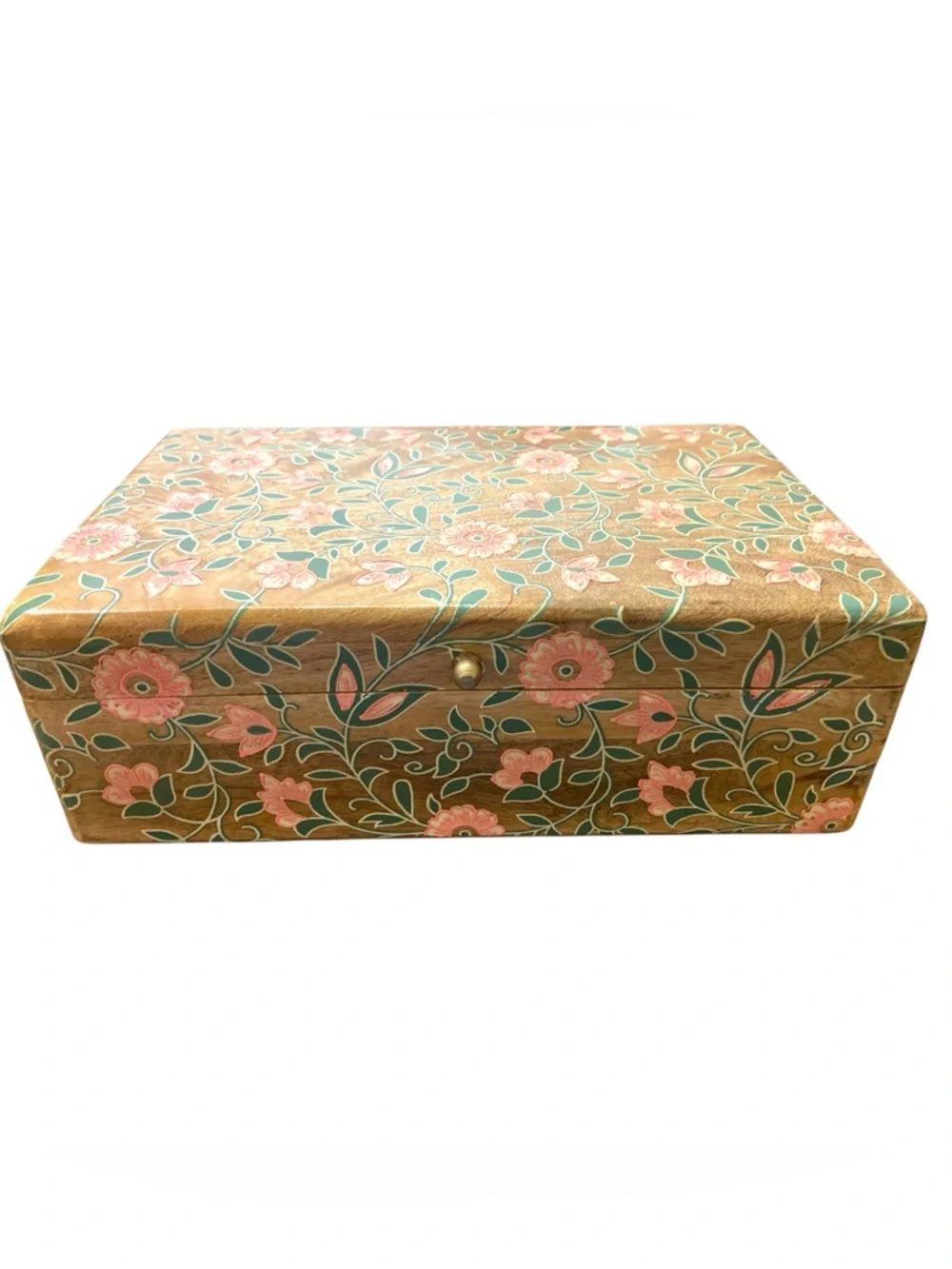 Hand Painted Large Wooden Floral Storage Box Pink Flowers Boho Made in India NWT